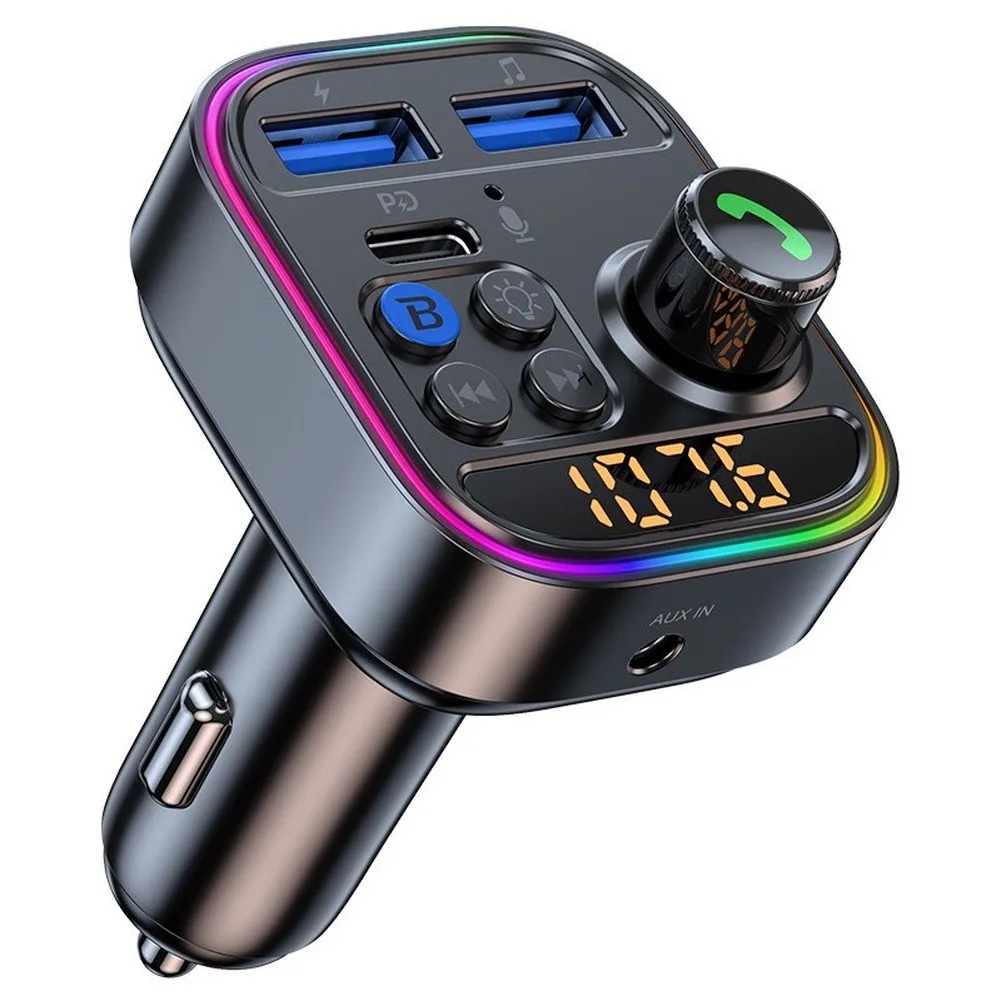 For Car Wireless Transmitter for Audio Playback and Hands-Free Calling with Colored Backlight and Anti-Slip Mounting Stability