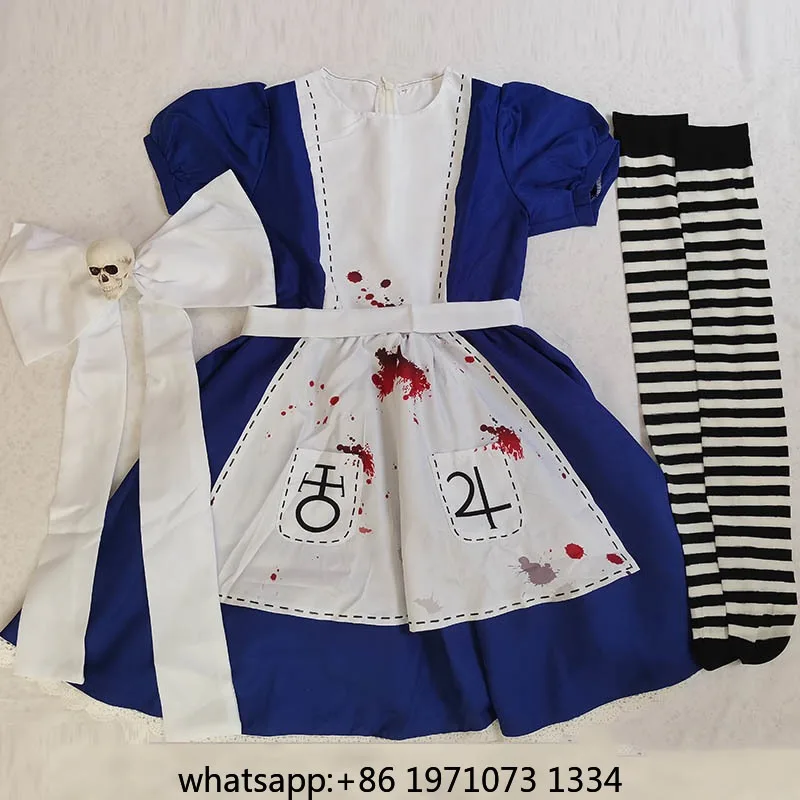 Bloody Alice Cosplay Costume Anime Alice Madness Returns Maid Outfit with Fancy Apron Necklace Halloween Fancy Dress for Women