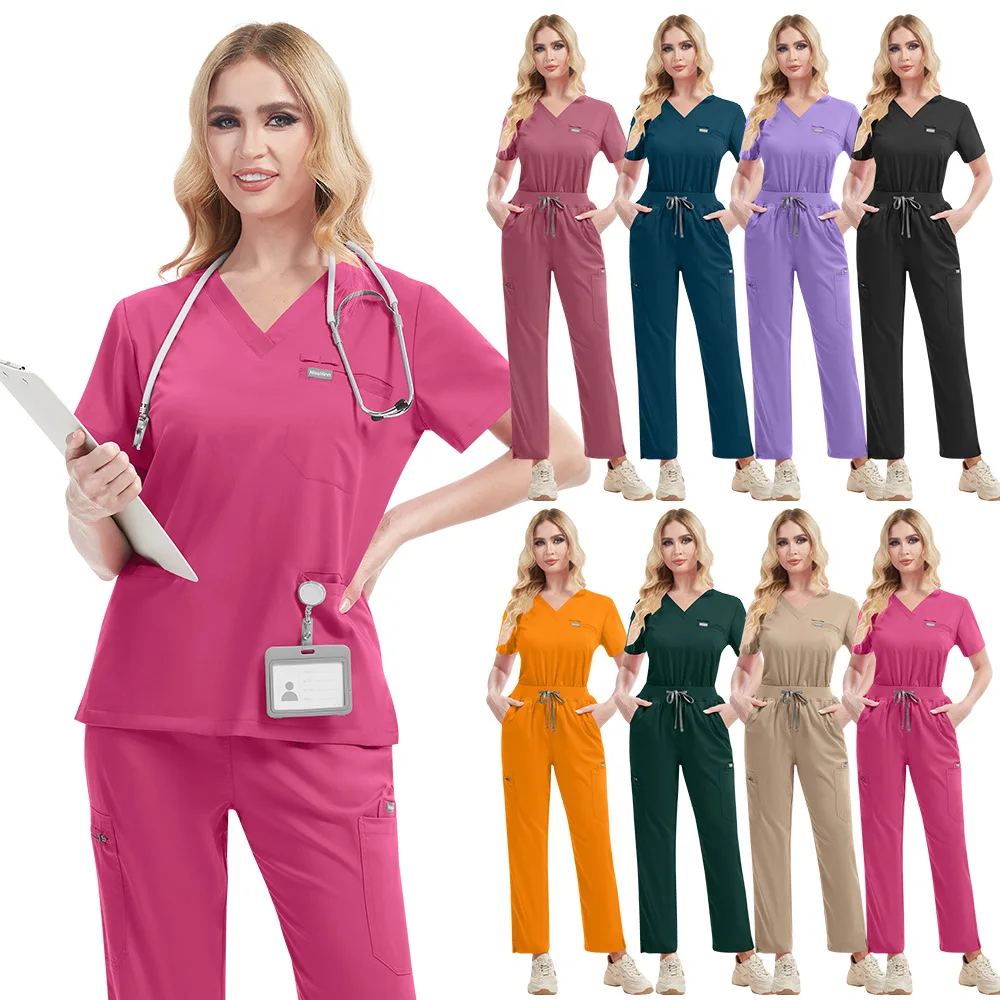 Dentist Workwear Medical Nurse Accessories Solid Color Scrubs Tops Straight Pants More Pockets Scrub Set Clinical Doctor Uniform view 5