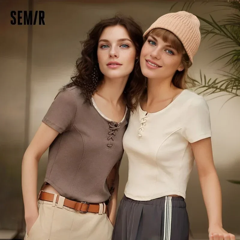 Semir Short-Sleeved T-Shirt Women Short Faux Two-Piece Gentle And Elegant New In 2024 Summer Slim Fit