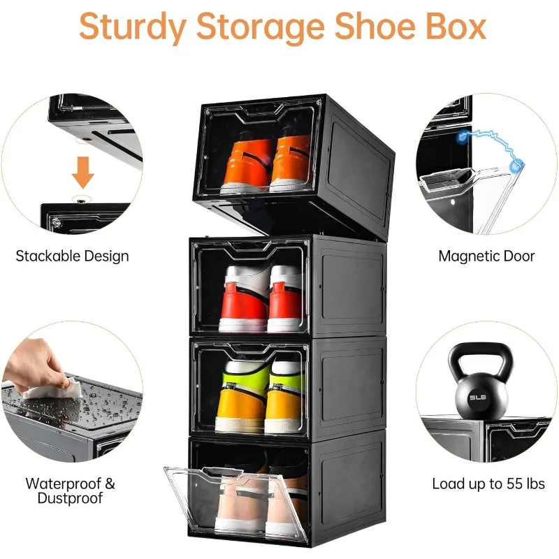 12 Pack Shoe Boxes Shoes Organizer, Shoe Storage Organizer Boxes with Magnetic Door, Clear Shoe Organizers Sneaker