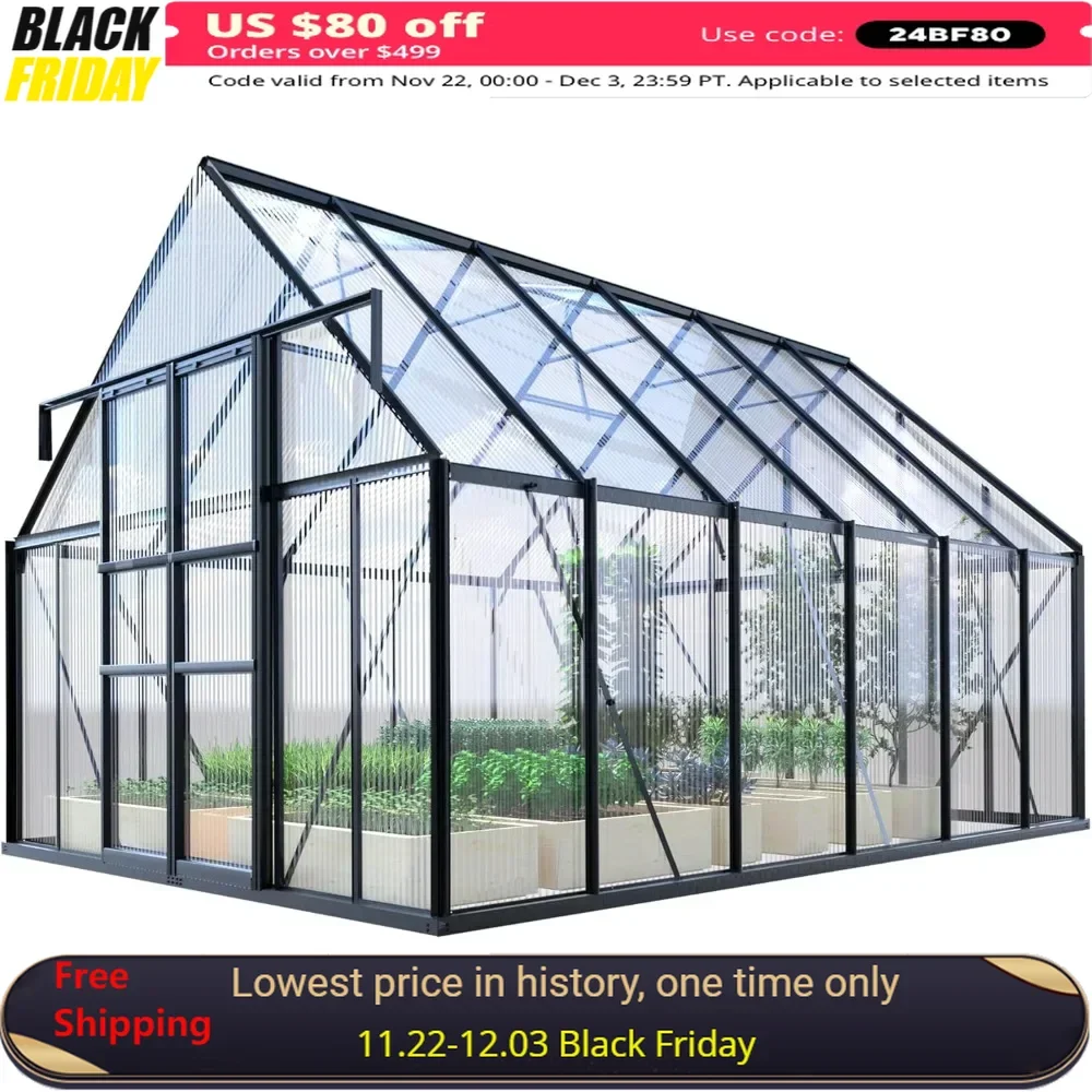 8' x 12' x 8' Greenhouse with Adjustable Vent Window and Rain Gutter, 2 Sliding Doors, Walk-in Aluminum Polycarbonate Greenhouse