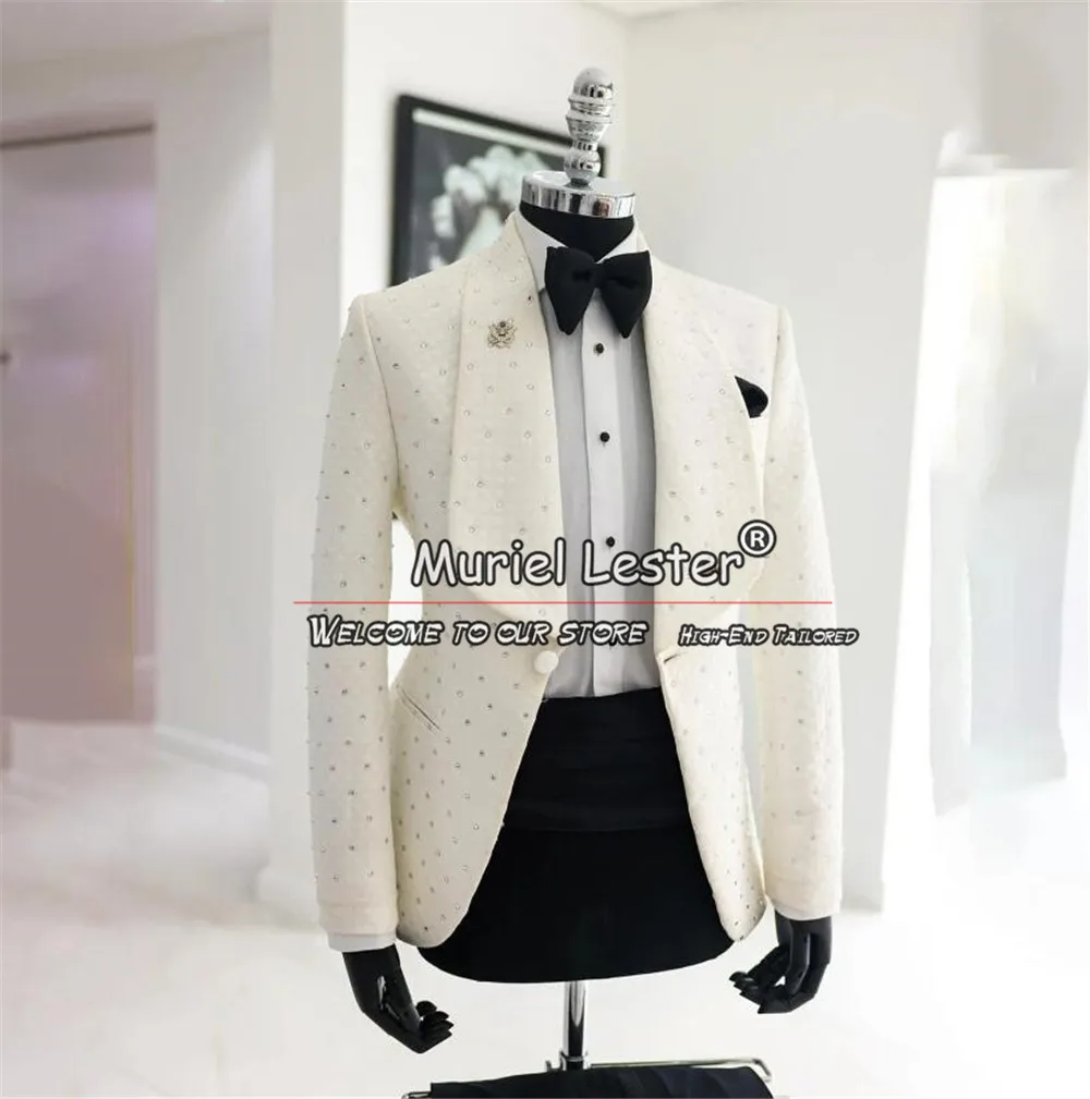 Luxury Groom Wedding Suits Cyrstals Beaded Men's Tuxedos Custom Made Single Breasted Prom Blazer Sets Banquet Dinner Clothing