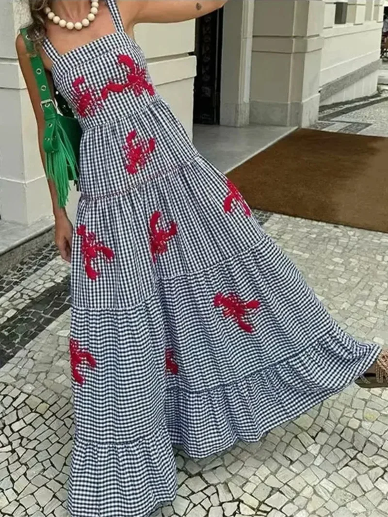 Robe longue à carreaux pour femmes, broderie d'écrevisses, à volants, sans manches, robe de plage, de vacances, décontractée, mi-longue, été, ZBZ8