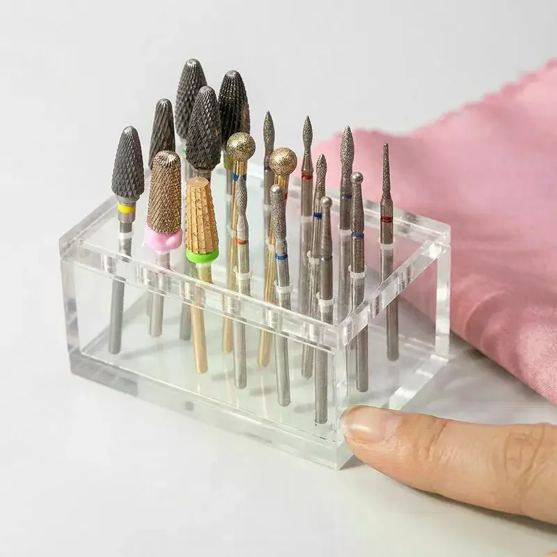 Polishing Head Storage Board Nail Grind Head Organizer 18 Hole Wood/Acrylic Nail Drill Bits Holder Empty Container Manicure Tool