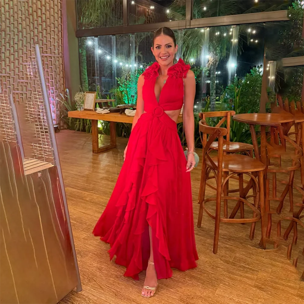 

Modern Evening Dress Customized Sexy V-Neck Sleeveless A Line Floor Length Women's Evening Gowns Long Elegant Formal Party Gown