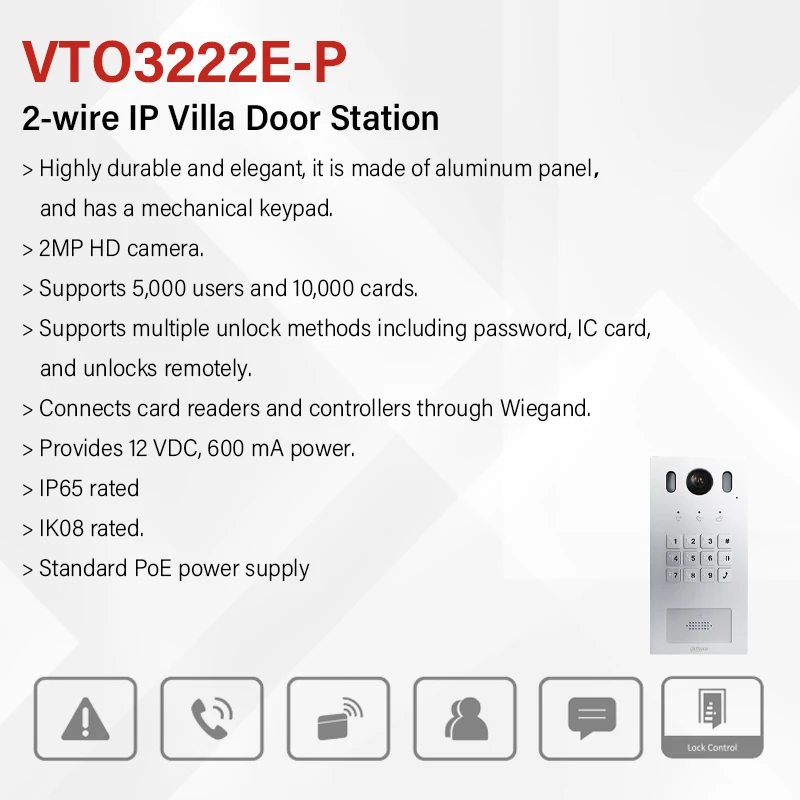 Dahua 2-wire IP Villa Door Station VTO3222E-P 2MP Video Intercom Doorbell Camera Supports Card Password APP Unlock With Light