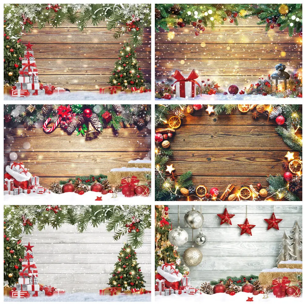 

Christmas Wood Backdrop Photography Rustic Wooden Board Xmas Tree Gifts Snowflake Winter Family Party Baby Portrait Background