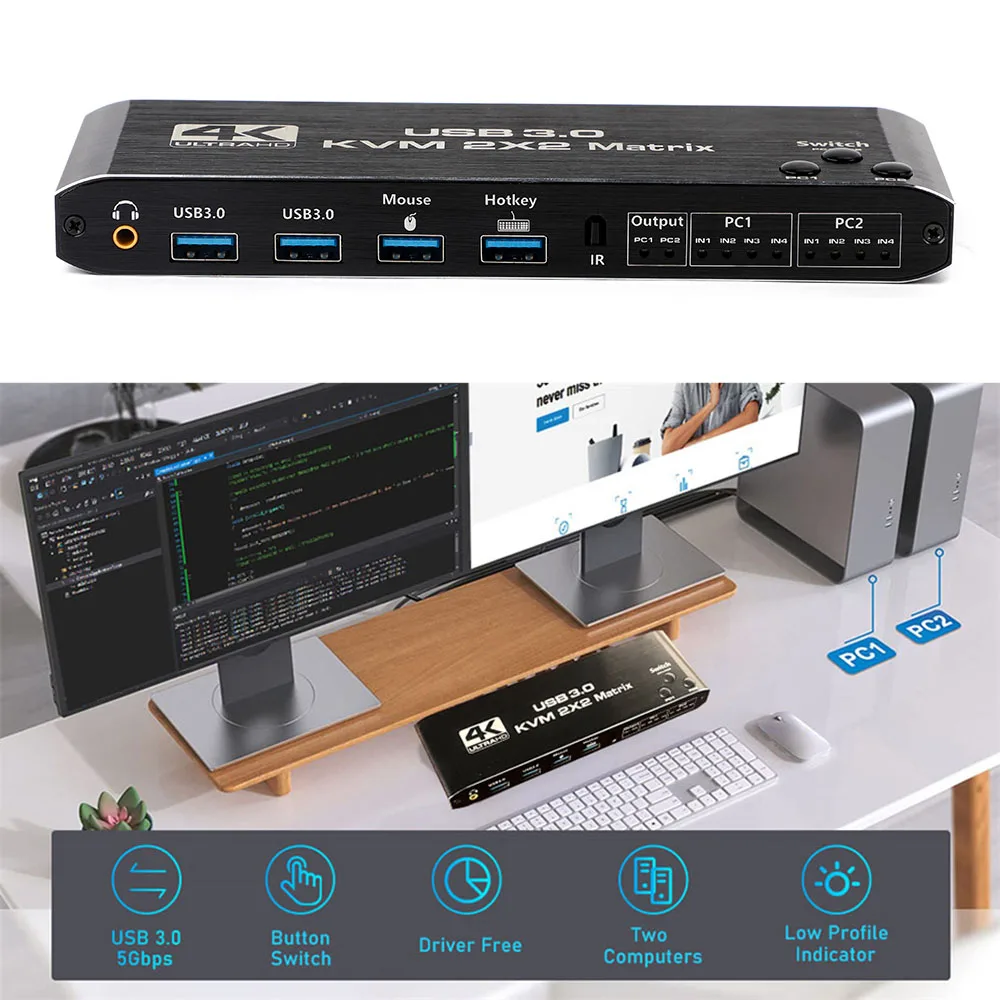 2x2 Kvm Switch 4K 60Hz Dual Monitor KVM Extended Display USB Switcher 2 in 2 Out For 2 Computers Share 2 Monitors