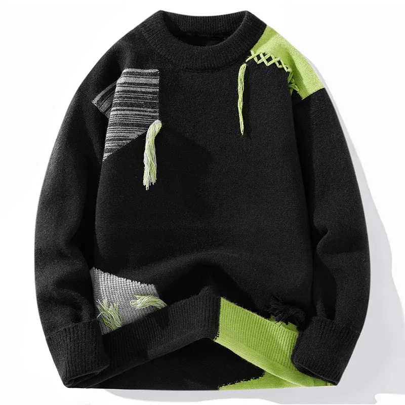 Autumn Winter New Sweater Men's Fashion Brand Design Sense Stitching Sweater  Personality Plankton Round Neck Line Pullover