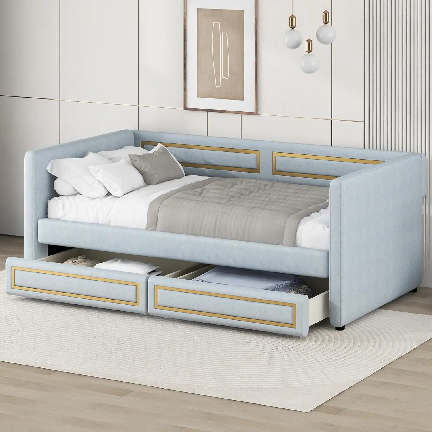 Merax Twin Size Flannelette Daybed, Modern Upholstered Day Bed Frame With 2 Big Storage Drawers, Space-Saving Corner Sofabed