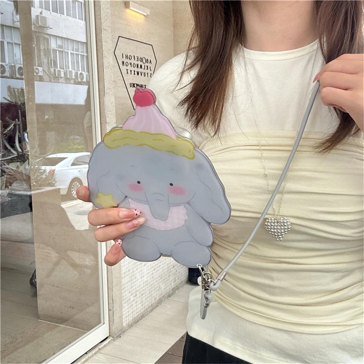 

Kawaii Little Grey Elephant Mirror Phone Case For iPhone 16 Pro 15 14 Pro Max Cover with Lanyard Strap Cute Cases Capa