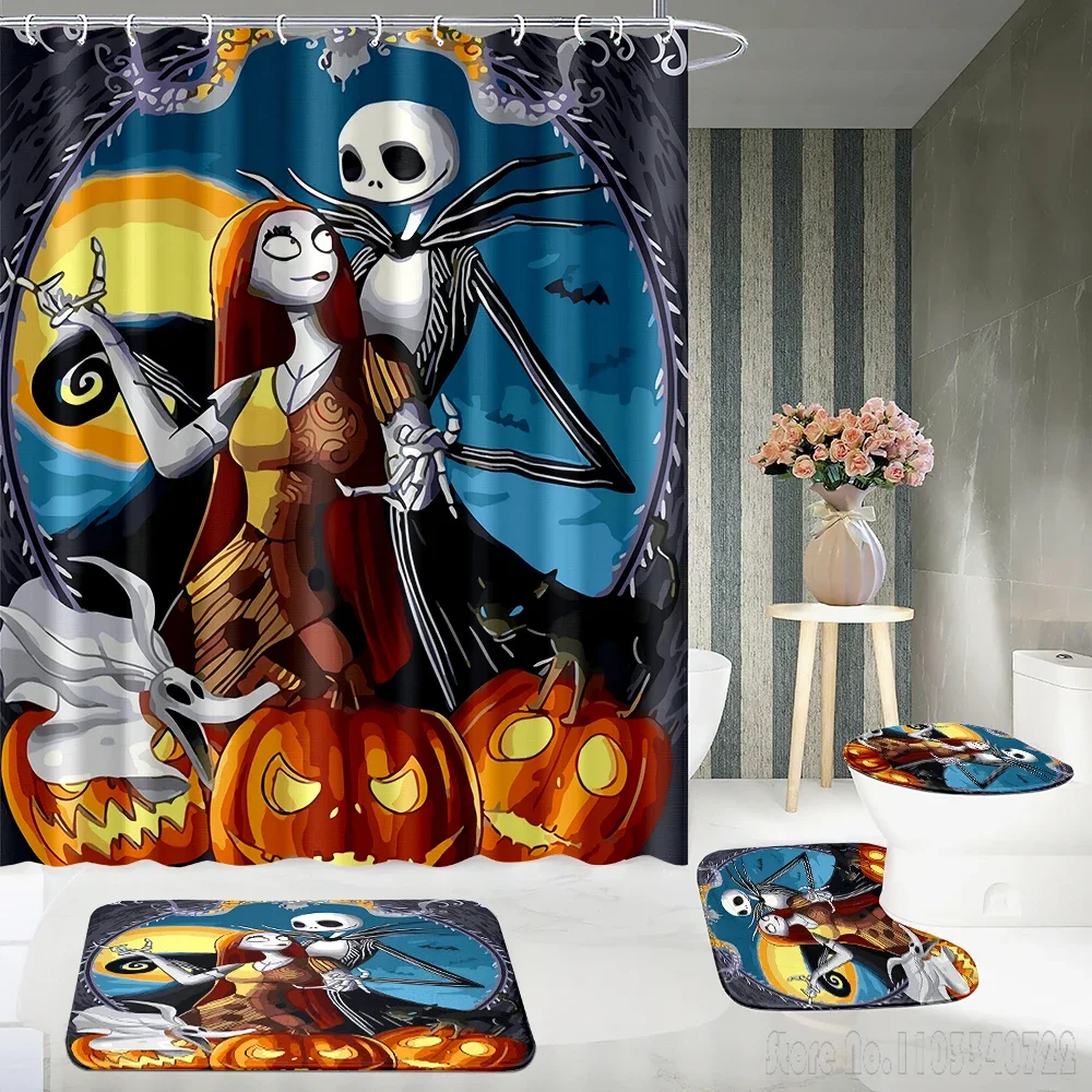 Disney Nightmare Before Christmas Bath Shower Curtain Set 4pcs with Hooks Cartoon Decor Waterproof Bathroom Toilet Mat Lid