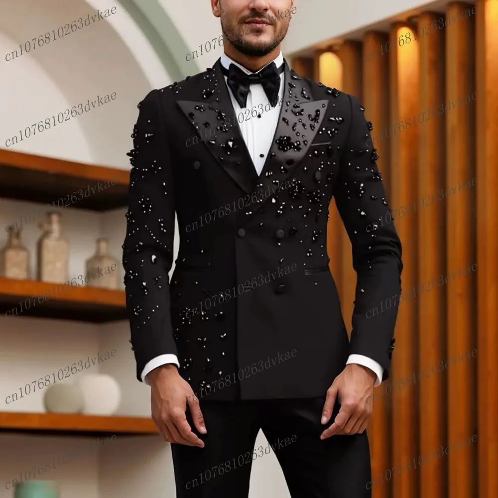 High Quality Black Crystal Men Suit Formal Groom Wedding Party Prom Business Male Tuxedos Customized  2 Piece Set Jacket Pants