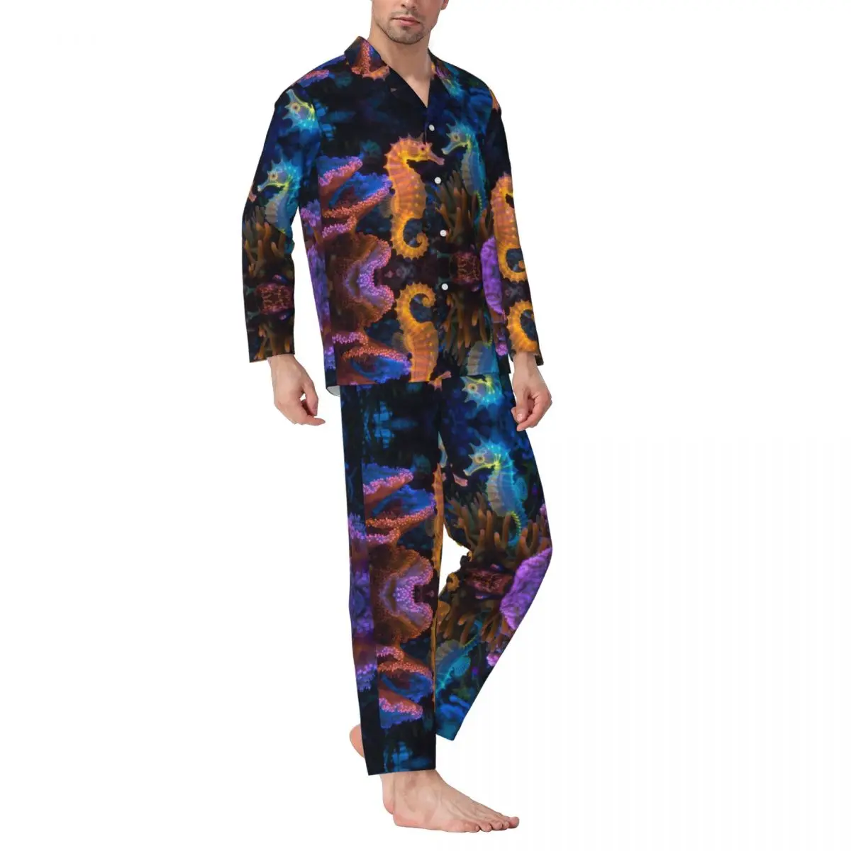 Sea Horse Animal With Fantastic Neon Lighting  Long-sleeved Trousers Pajamas for Men Autumn and Winter Homewear Sleepwear Sets