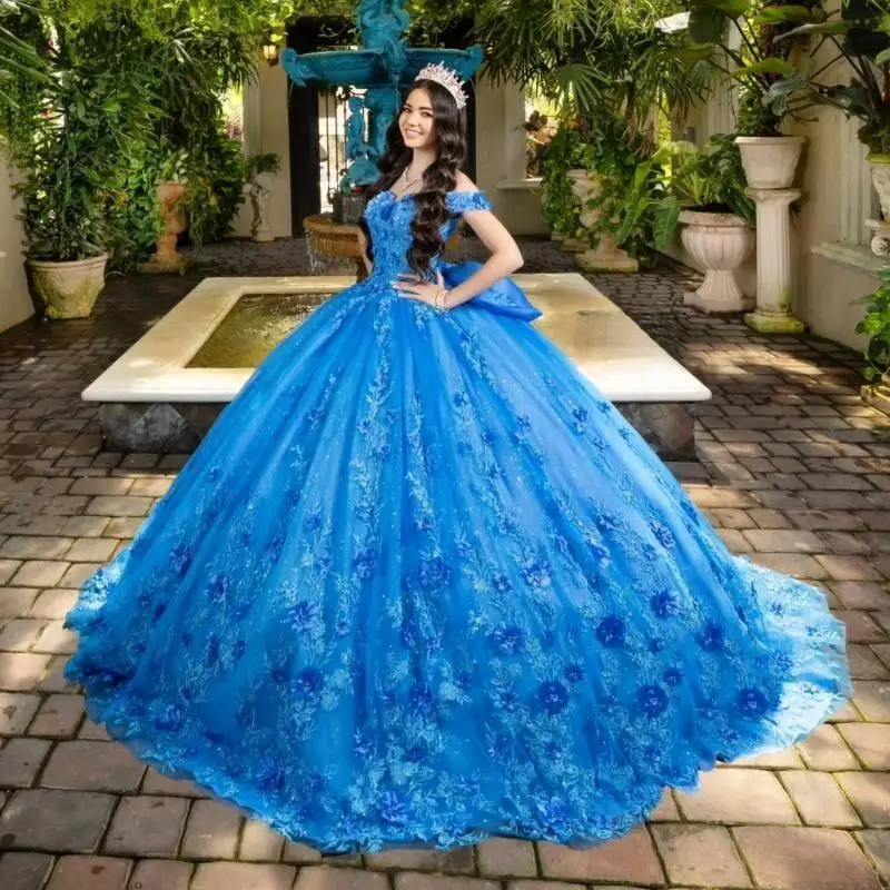 

Luxury Sku Blue Quinceanera Dress Sweetheart Sequin Applique Lace Beads Crystal Flower Bow Tull Ball Gown Vestidos De 15 Años XV