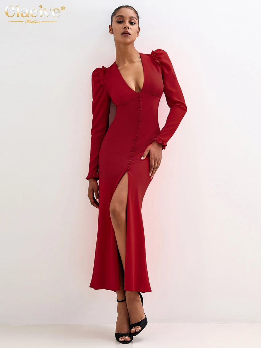 

Clacive Sexy Slim Red Women's Dress 2025 Bodycon V-Neck Long Sleeve Ankle Length Dresses Elegant Classic Slit Female Party Dress