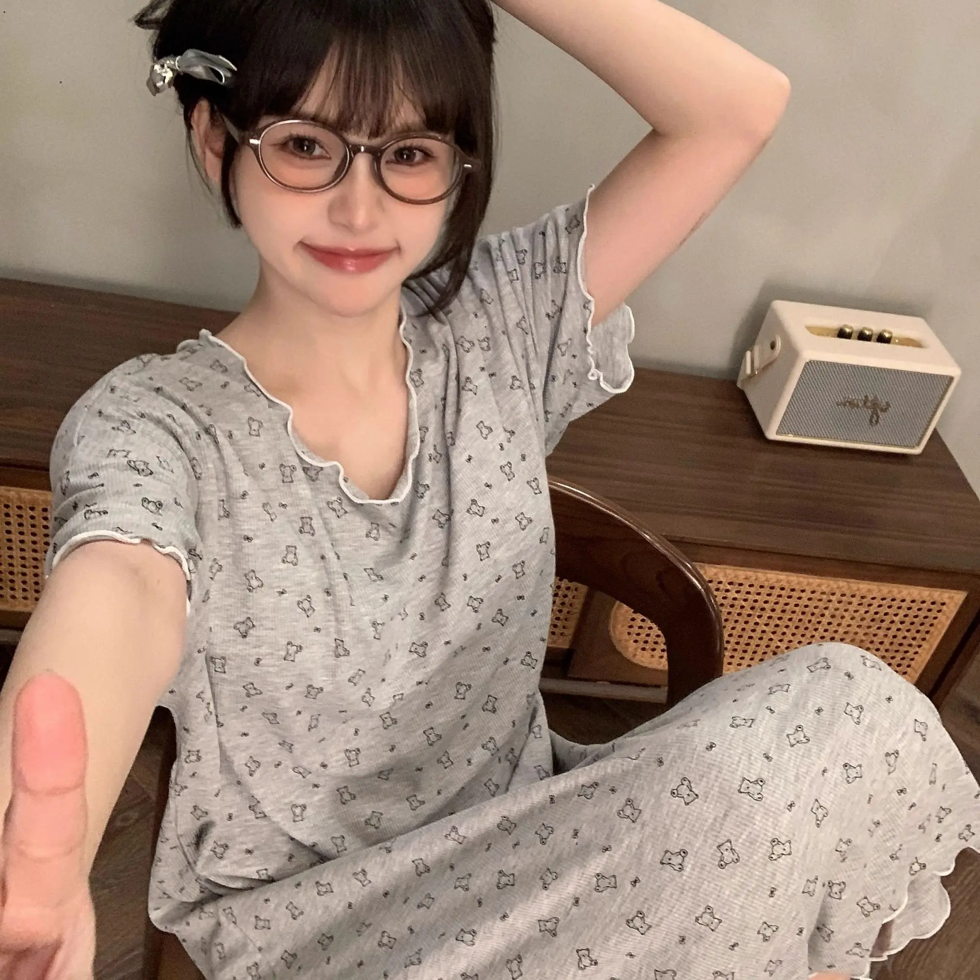 

Серая женская пижама с мультяшным медведем, летняя тонкая ночная рубашка в корейском стиле с короткими рукавами для женщин, домашняя одежда, пижама для девочек