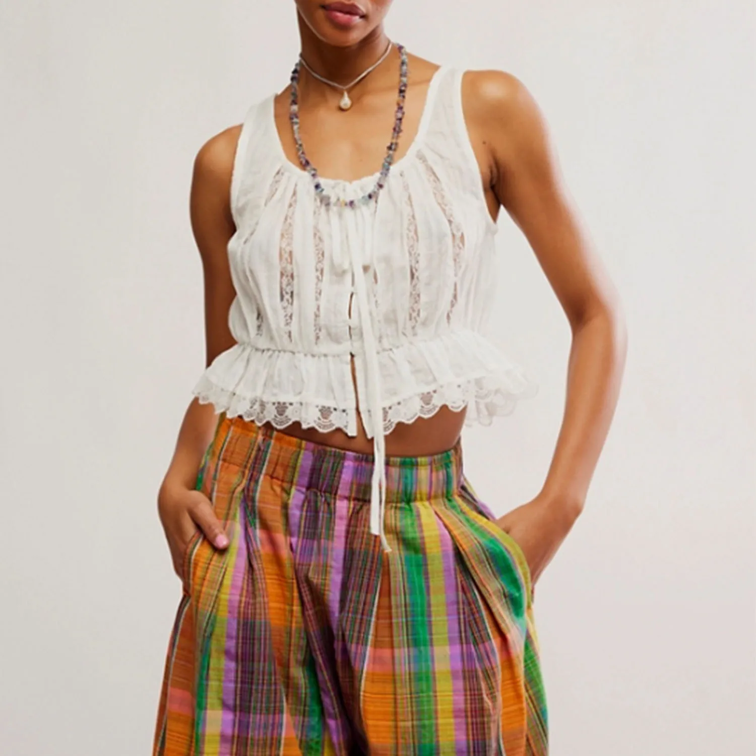 Camisetas sin mangas de encaje de verano para mujer, chaleco frontal con lazo bohemio blanco, camisetas para muñecas, camisa con botones fluida para chicas adolescentes 2025