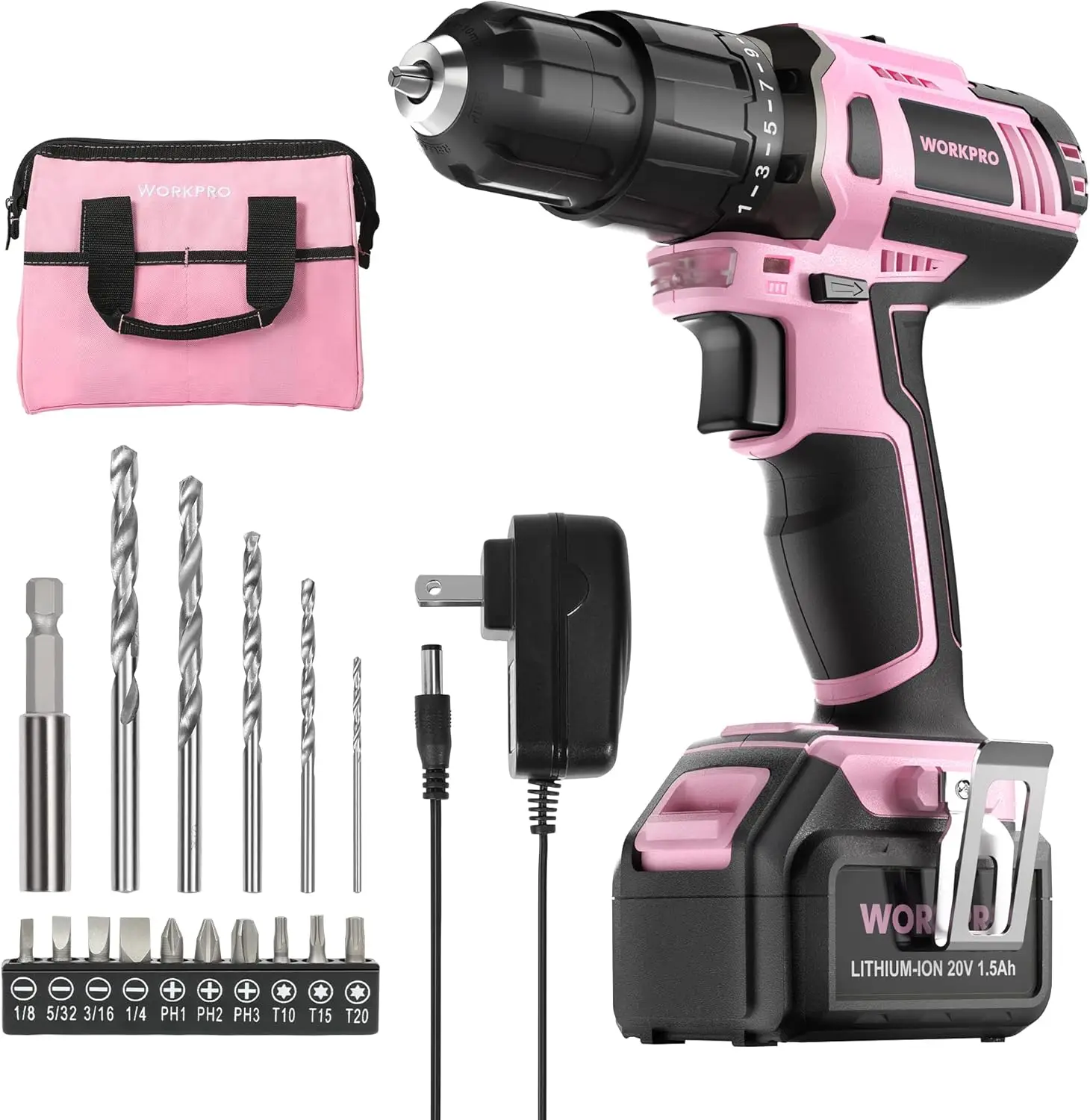 Pink Cordless 20V Lithium-Ion Drill Driver Set, 1 Battery, Charger And Storage Bag Included - Pink Ribbon