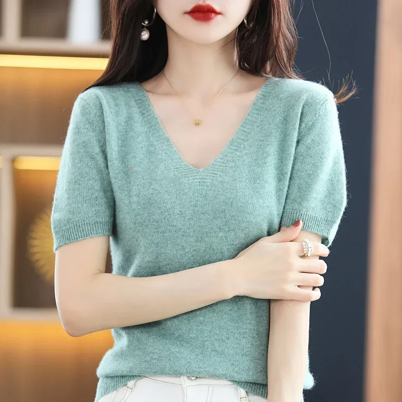 Spring Summer Women Sweater Knit Tshirts V-neck Short Sleeve Knitwears Korean Fashion Pullovers Solid Bottoming Shirt Jumper