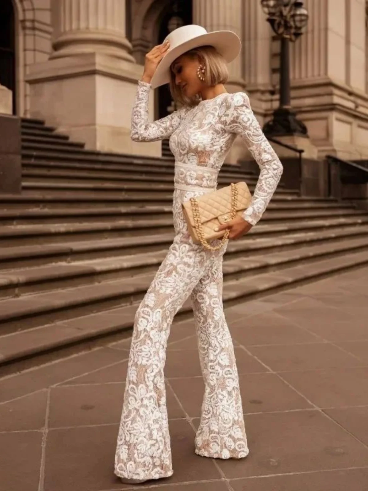 

Женский комбинезон с рюшами и кружевными вставками, микро-клеш, уличный стиль, с высокой талией, длинные брюки, повседневный, прямой крой