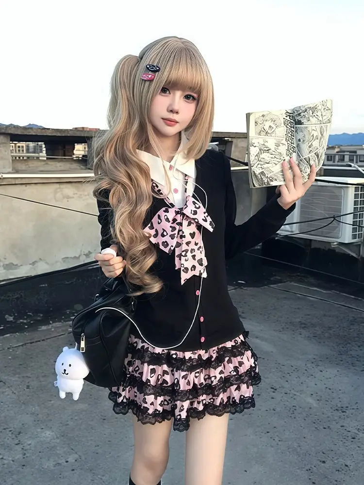 

Y2k Pink Leopard Two-Piece Dress Sets Bow Mini Skirt + Long Sleeve Black Top Button Women Casual Elegant Lace Patchwork 2025