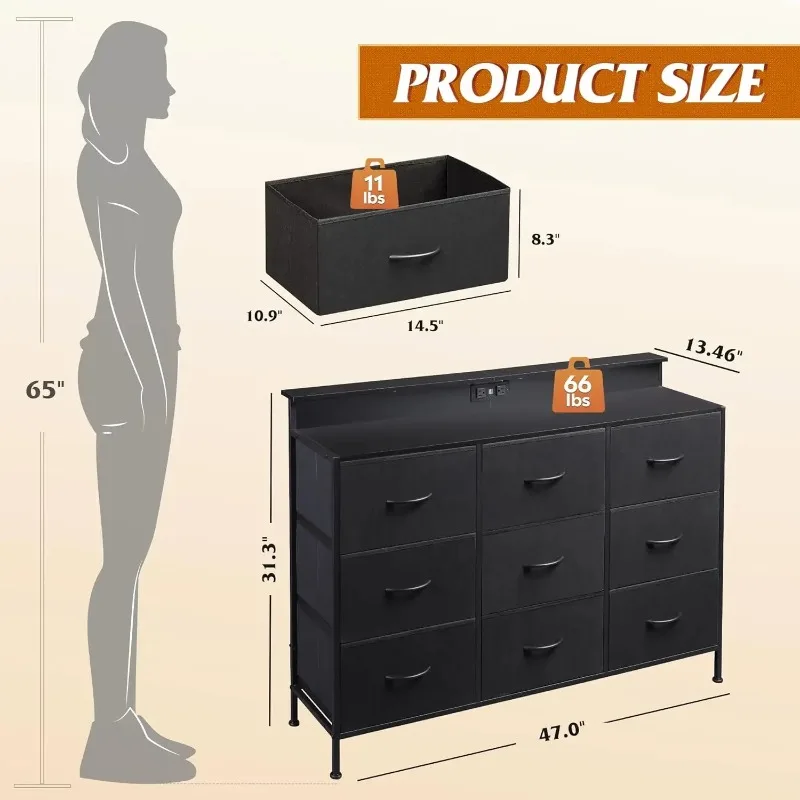 

LED Lights and Charging Station Dresser TV Stand for 55 inch, Led Dresser for Bedroom, Black Dressers for Bedroom