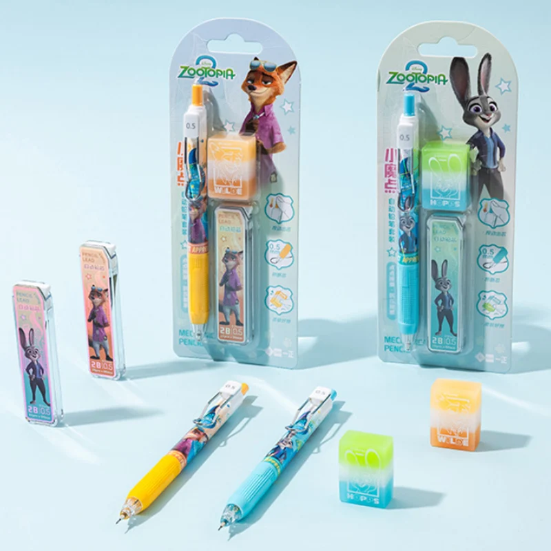 Set de Lápices Mecánicos de Dibujos Animados Zootopia 2, Kit de Papelería con Temática de Judy y Nick, con Recambio de Minas y Borrador, Material Escolar Perfecto