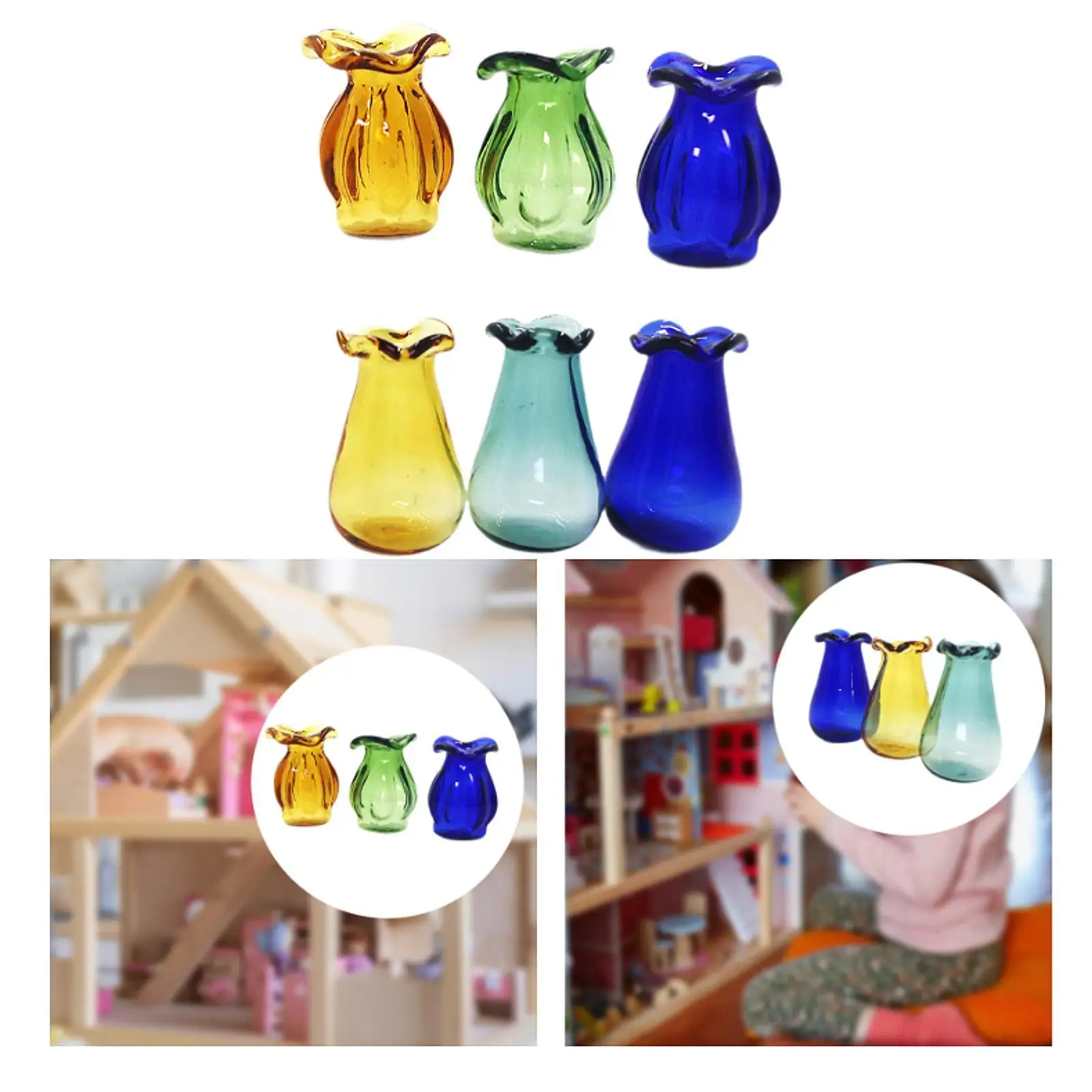 3Pcs 1:12 Dollhouse Miniature Glass Vases Pretend Play Props Gift Dollhouse Furniture for Living Room Bedroom Home Desktop