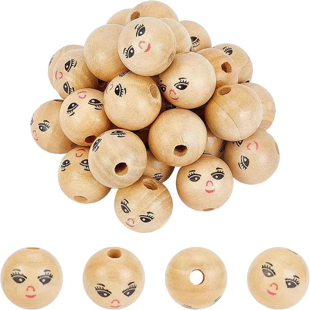 

30Pcs Natural Wood Beads Round with Smile Face BurlyWood 21.5x20.5mm Hole: 4.5mm 30pcs