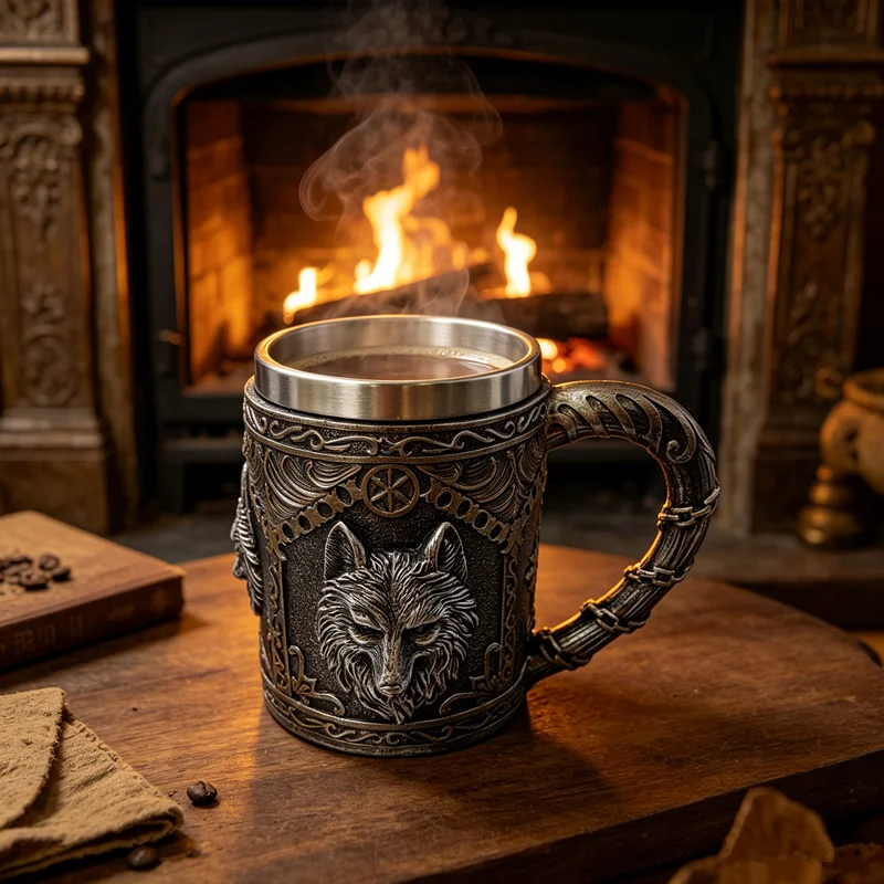 Jarra de Cerveza con Cabeza de Lobo Nórdico, Jarra Gótica de 450 ml con Revestimiento de Acero Inoxidable, Jarra de Resina con Fenrir en Relieve 3D, Regalo Temático Vikingo para Hombres