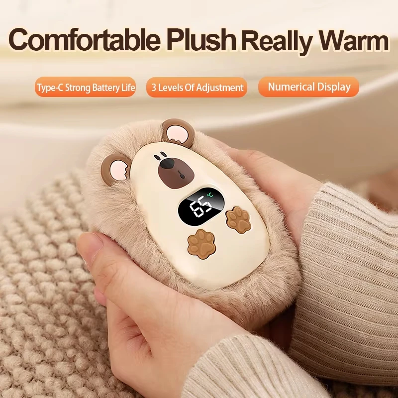 USB Rechargeable Plush Hand Warmer Winter Portable Fast Heating 3-speed Adjustment Digital Display Pocket Heater for Women Gift