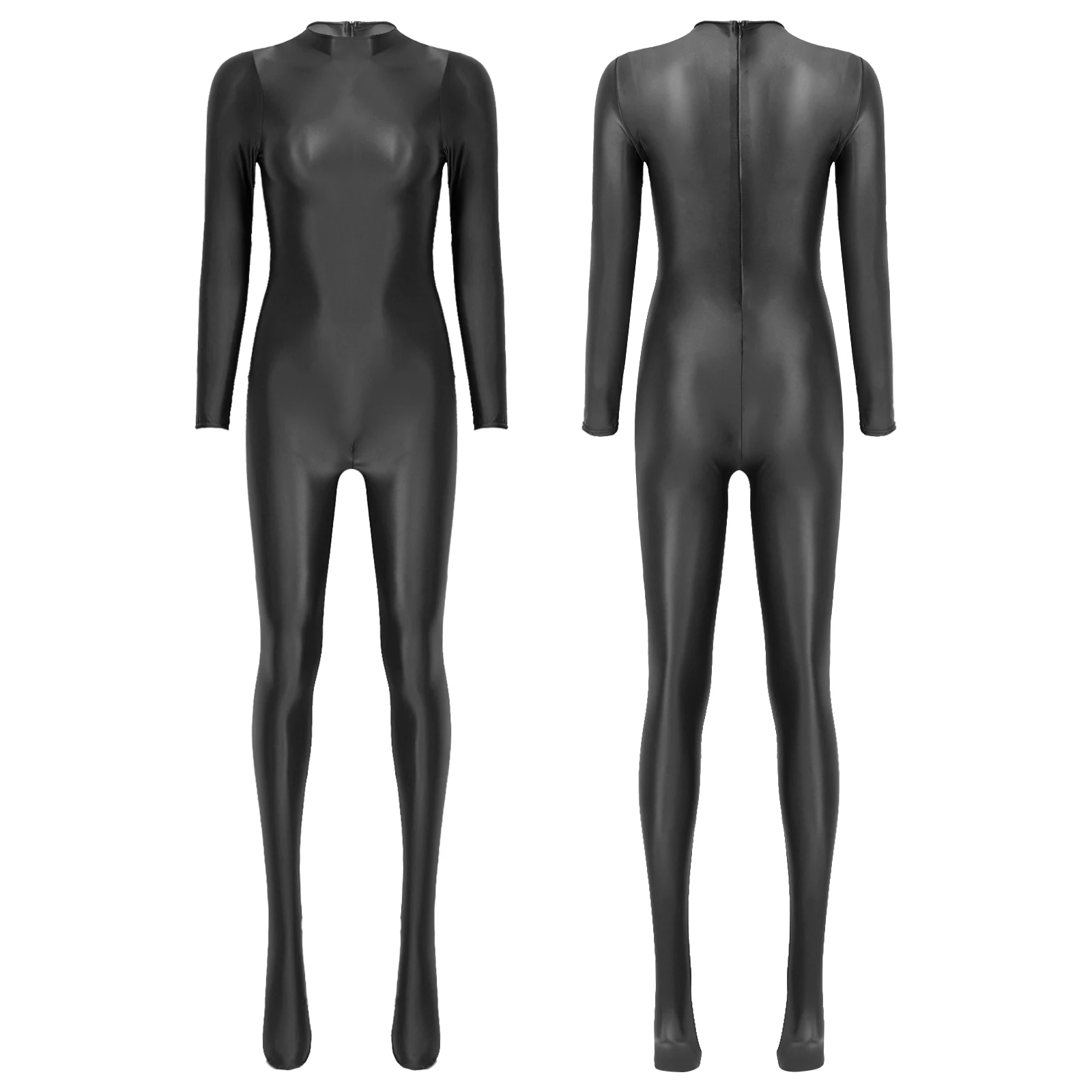 Womens Long Sleeve Zipper Bodystocking Glossy Jumpsuit Club Pole Dance Bodysuit Surfing Swimwear Wetsuit Fitness Yoga Sportwear