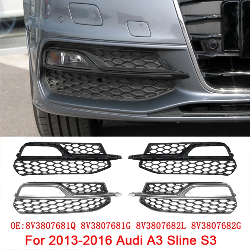 

2pcs ABS Black Car Front Bumper Fog Light Cover Lower Bezels Grille for Audi A3 S-Line S3 2013-2016 8V3807682G 8V3807681Q