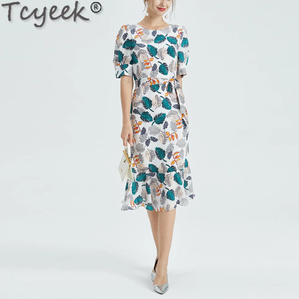 Vestido de seda mulberry para mulheres, moda com o pescoço, elegante e bonito, roupas com renda, 100% Tcyeek