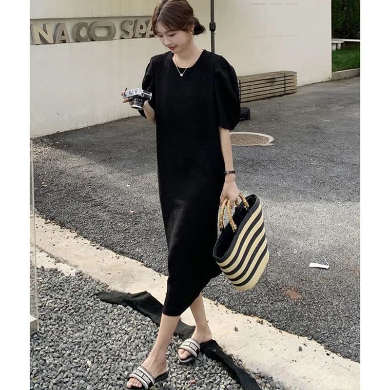 Fashion O-Neck Loose Solid Color Puff Sleeve Casual Dress Female Clothing 2024 Summer New Oversized All-match Princess Dress