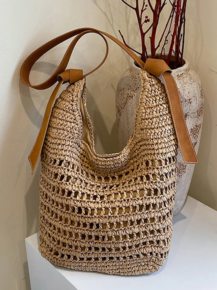 

Large Capacity Straw Woven Bag for Women 2025 New Summer Rattan Woven Underarm Satchel Hollow Crochet Beach Bags Casual Handbags