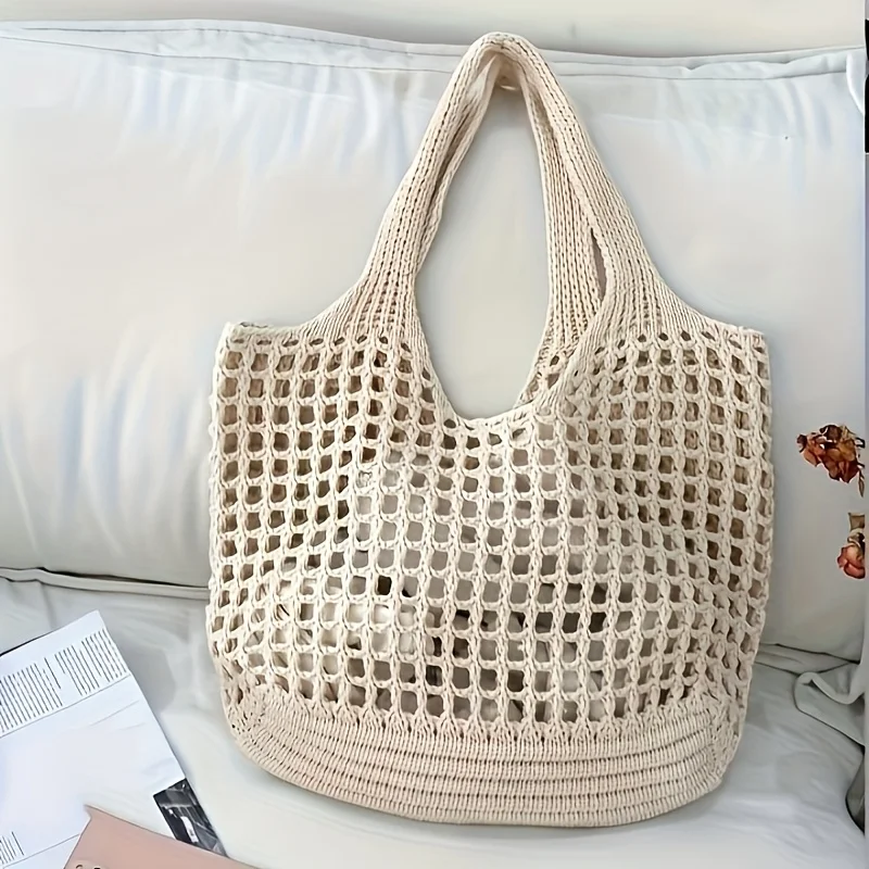 1pc Crochet Mesh Tote Bag, Breathable Hollow Knit Shoulder Bag, Large Woven Beach Bag, Casual Handbag for Vacation, Daily Use