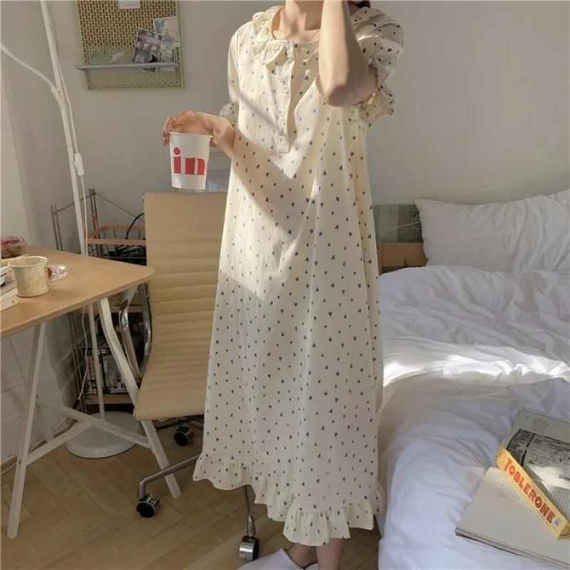 Heart Print Sleepwear Woman Short Sleeves Nightgown Korean Night Dress Summer One Piece Pajamas Dress Ruffles Night Wears 2024