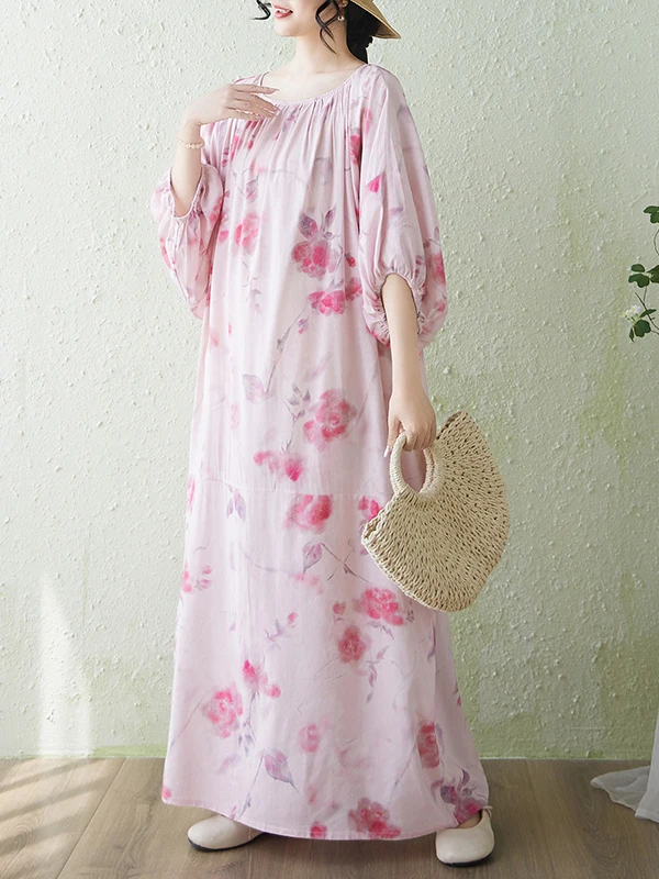 

Simple Print Loose Long Dress Lantern Sleeve Cover up Slimming Robe Large Size Cotton Casual Women's Dress A-Line Skirt