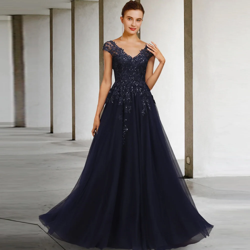 Elegant Dark Navy ชุดเจ้าสาว V คอแขนหมวกชุดแต่งงาน Appliques ความยาวชั้น فساتين مناسبة رسمية