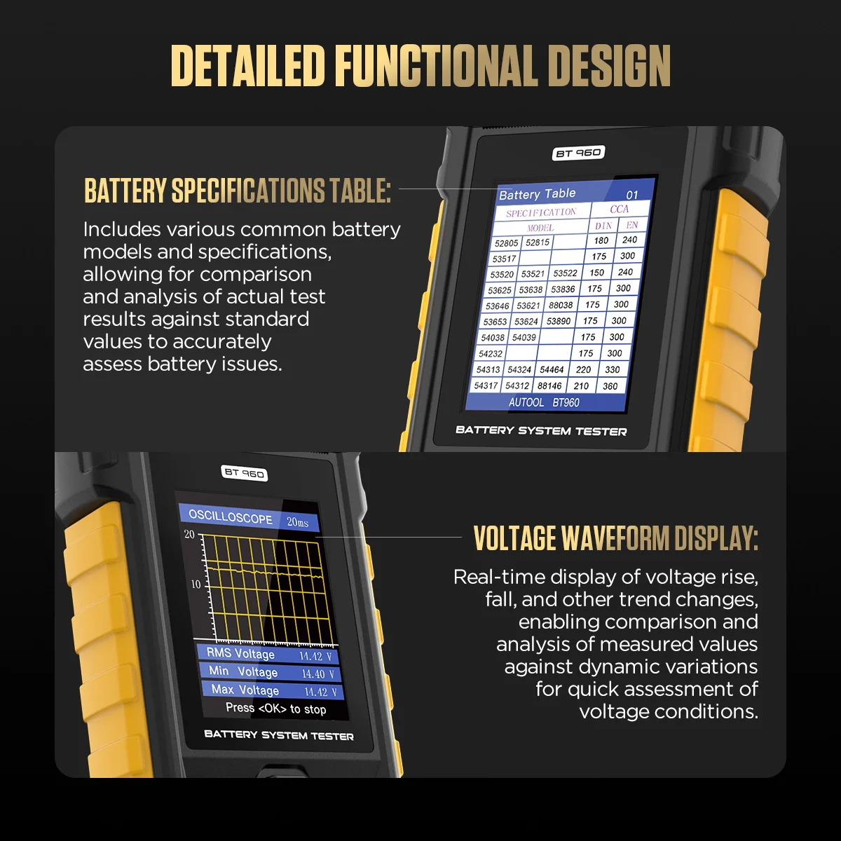 AUTOOL BT960 Car Battery Tester Charge Test V/A Monitor 80V Leakage Current Recording Battery Leakage Monitoring Data Printing