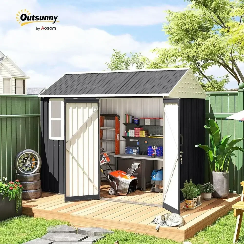 6x8ft Metal Outdoor Shed with Window, Double Lock Door, Ideal for Patio, Backyard, Lawn Storage