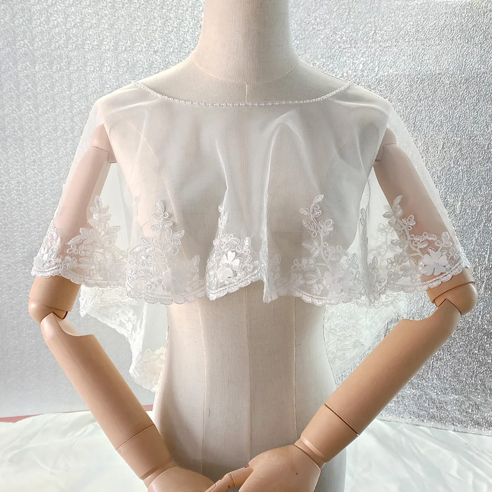 Cape perlée en tulle avec appliques pour femmes, châle à fleurs, col rond, élégant, vintage, femmes, patients, formel, plage, soirée, Rh