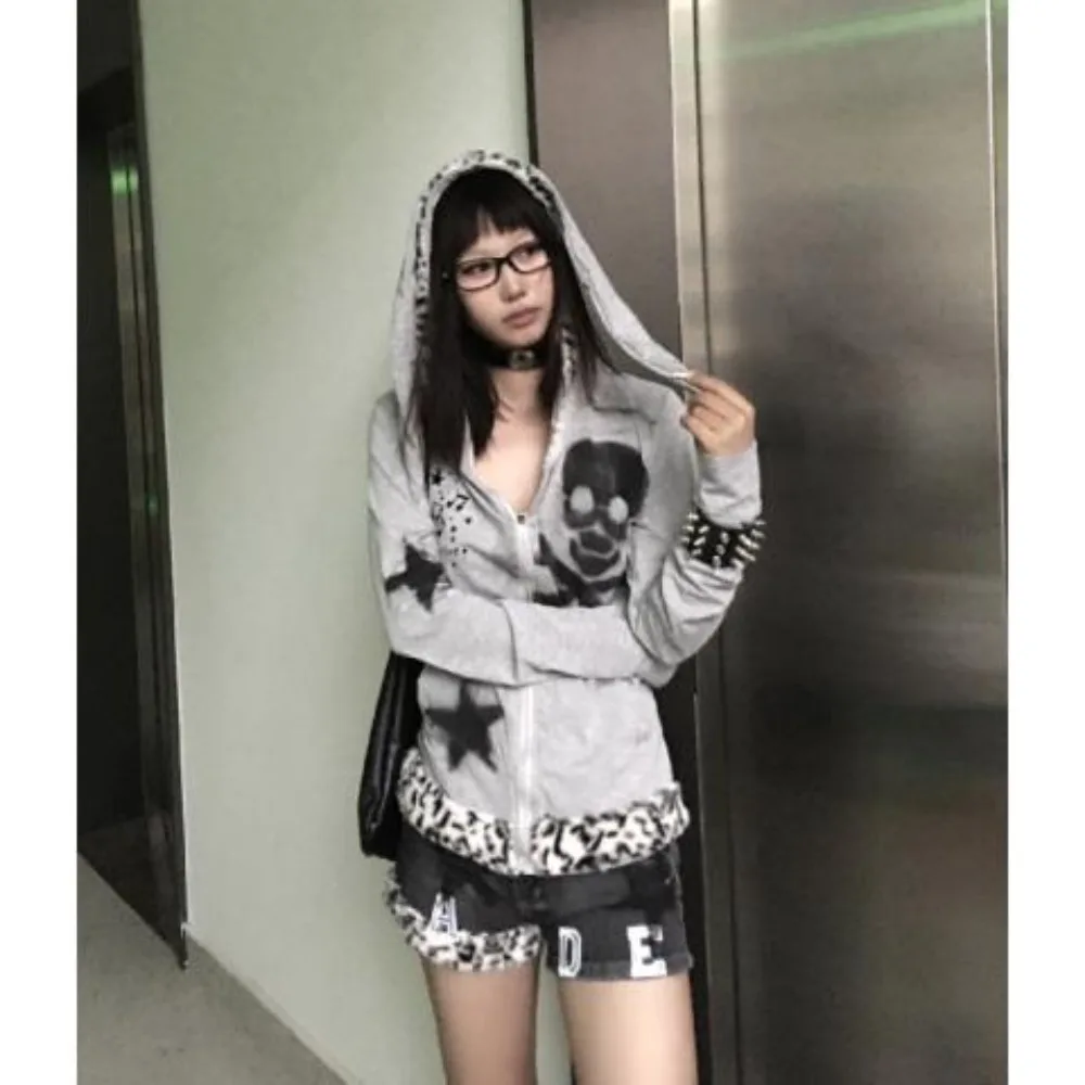 Leopard Patchwork Skull Star Printed Aesthetic Rabbit Ears Zip Up Hoodie Autumn New Hottie Long Sleeves Trend Sweatshirt Y2k Top