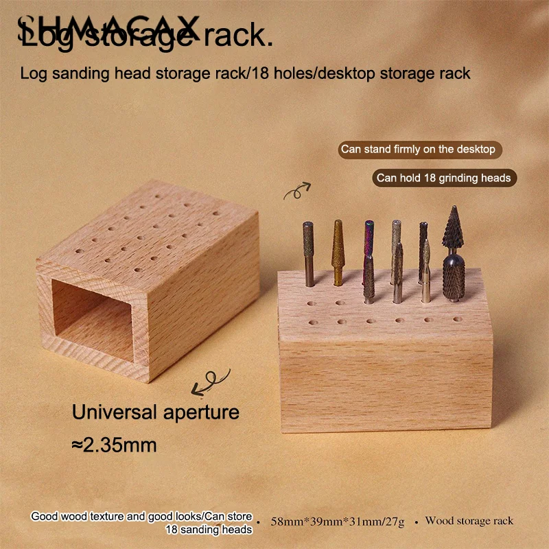 Supporto per punte da trapano per unghie in legno a 18 fori, scatola di immagazzinaggio per esposizione, organizer per testa per macinazione delle unghie, contenitore vuoto, strumento per manicure