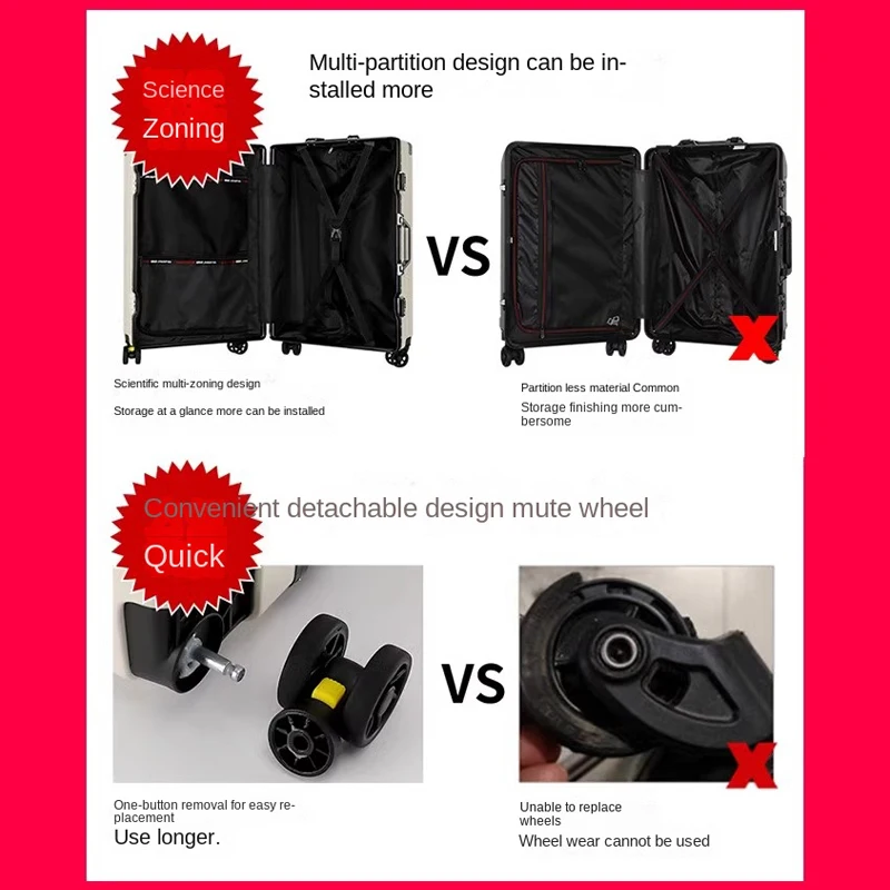 Mala de alumínio com estrutura de 20 polegadas, carrinho de transporte, rodas universais removíveis, malas de viagem de grande capacidade de 22-30 polegadas