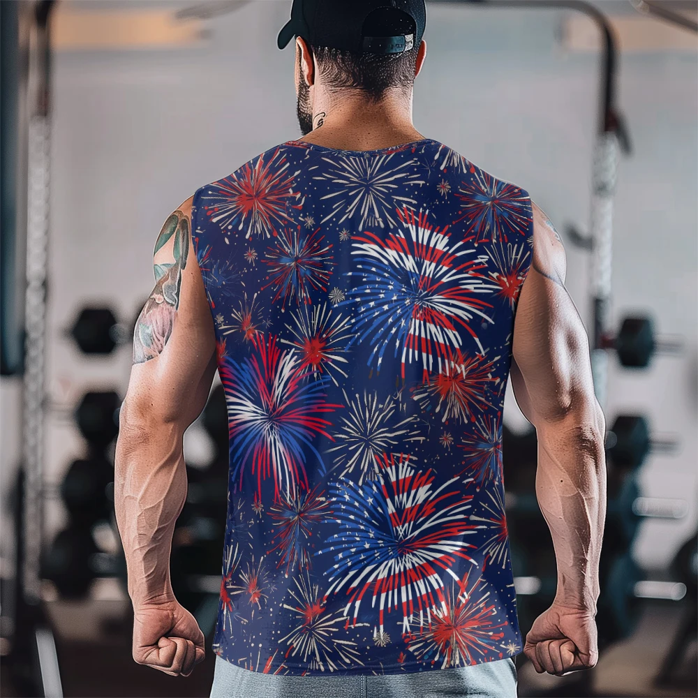 American Flag Fireworks Extravaganza Print Gym Casual Tank Top Sleeveless Thin Train Vest Youth Men's Sports Fitness Vest