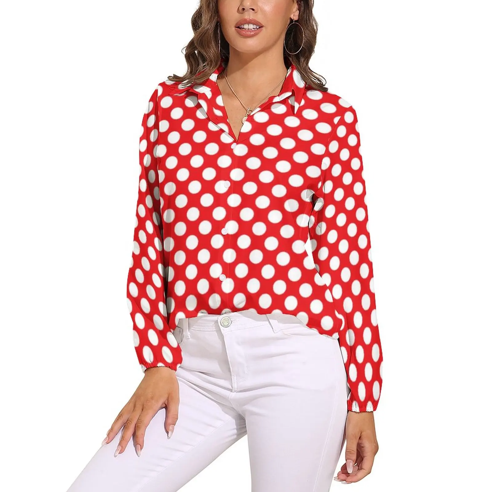 White And Red Polka Dot Blouse Vintage Spot Print Trendy Graphic Blouses Female Casual Shirt Summer Long-Sleeve Oversized Top